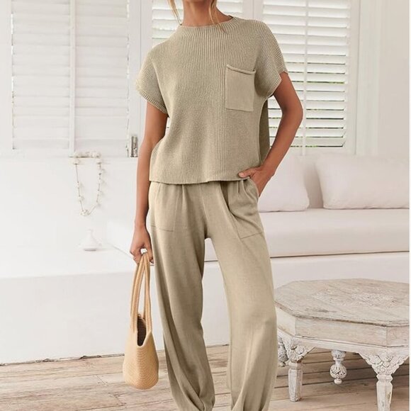 Amazon 2-Piece Knit Sweater Pullover Crop Top & Pants Lounge Set | Khaki… - Picture 2 of 5